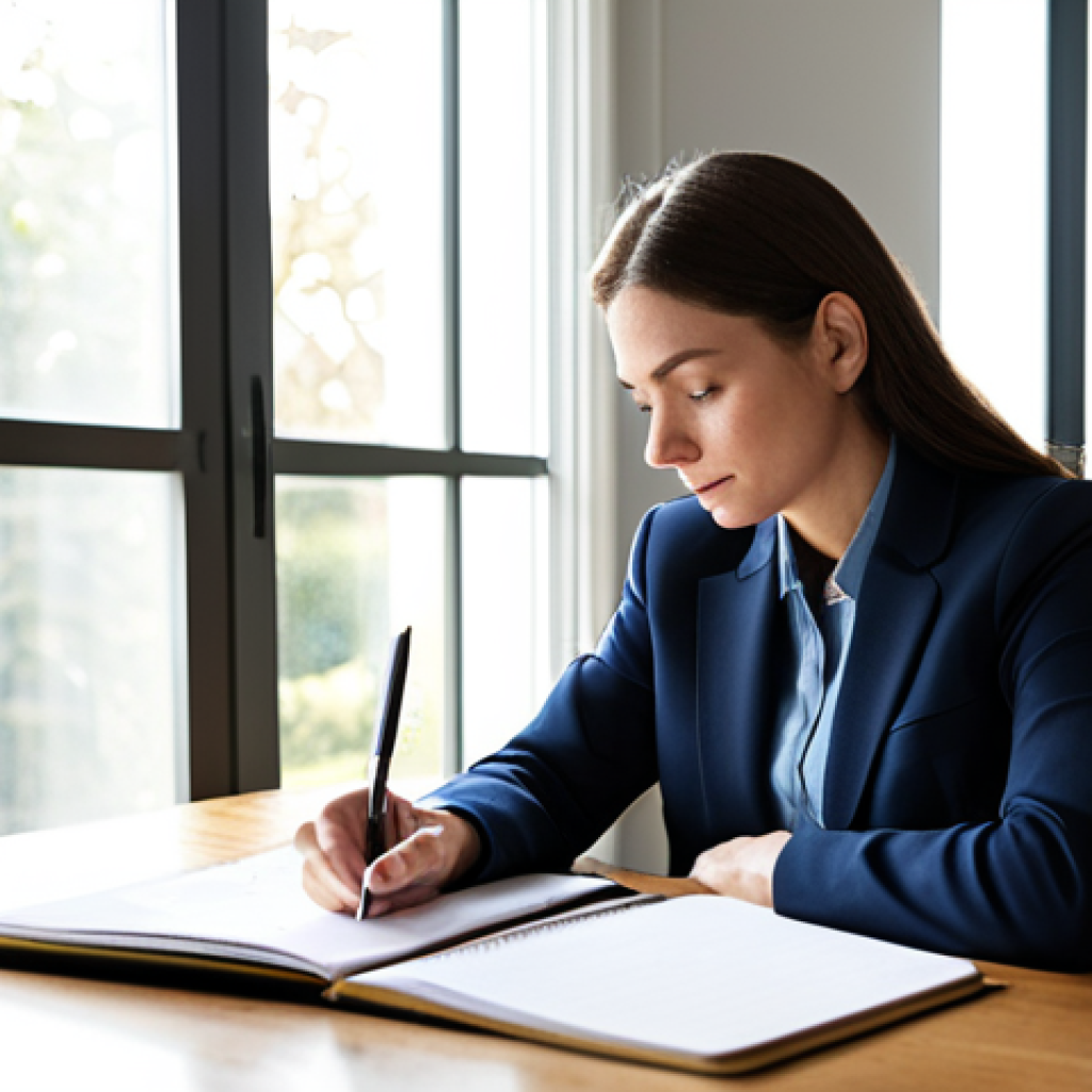 **Prompt 1:** A professional woman in a modest business casual outfit, fully clothed, sitting at a clean, modern desk in a well-lit home office. She is focused, holding a planner open, and thoughtfully writing notes. Sunlight streams through a large window behind her. The image conveys a sense of calm organization and productivity. perfect anatomy, correct proportions, natural pose, well-formed hands, proper finger count, natural body proportions, appropriate attire, safe for work, high resolution, professional photography, professional, modest.
