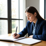 **Prompt 1:** A professional woman in a modest business casual outfit, fully clothed, sitting at a clean, modern desk in a well-lit home office. She is focused, holding a planner open, and thoughtfully writing notes. Sunlight streams through a large window behind her. The image conveys a sense of calm organization and productivity. perfect anatomy, correct proportions, natural pose, well-formed hands, proper finger count, natural body proportions, appropriate attire, safe for work, high resolution, professional photography, professional, modest.