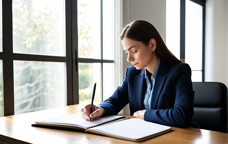 **Prompt 1:** A professional woman in a modest business casual outfit, fully clothed, sitting at a clean, modern desk in a well-lit home office. She is focused, holding a planner open, and thoughtfully writing notes. Sunlight streams through a large window behind her. The image conveys a sense of calm organization and productivity. perfect anatomy, correct proportions, natural pose, well-formed hands, proper finger count, natural body proportions, appropriate attire, safe for work, high resolution, professional photography, professional, modest.