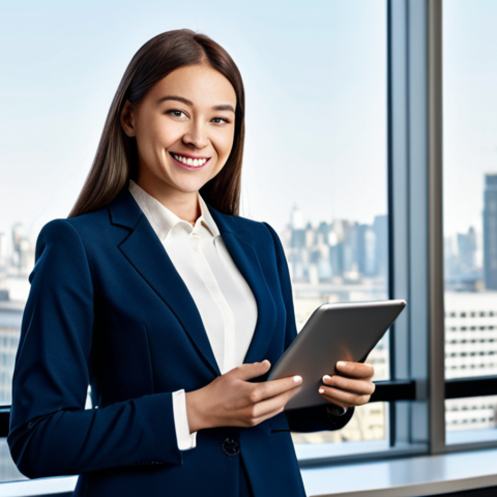 **
A professional businesswoman in a modest business suit, standing in a bright, modern office with large windows overlooking a bustling cityscape. She is holding a tablet and smiling confidently. Fully clothed, appropriate attire, safe for work, perfect anatomy, natural proportions, professional photography, high quality.
**