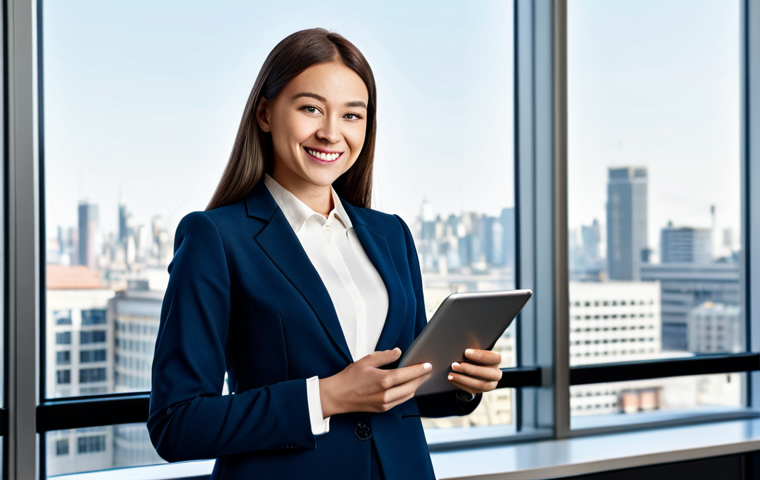 **
A professional businesswoman in a modest business suit, standing in a bright, modern office with large windows overlooking a bustling cityscape. She is holding a tablet and smiling confidently. Fully clothed, appropriate attire, safe for work, perfect anatomy, natural proportions, professional photography, high quality.
**