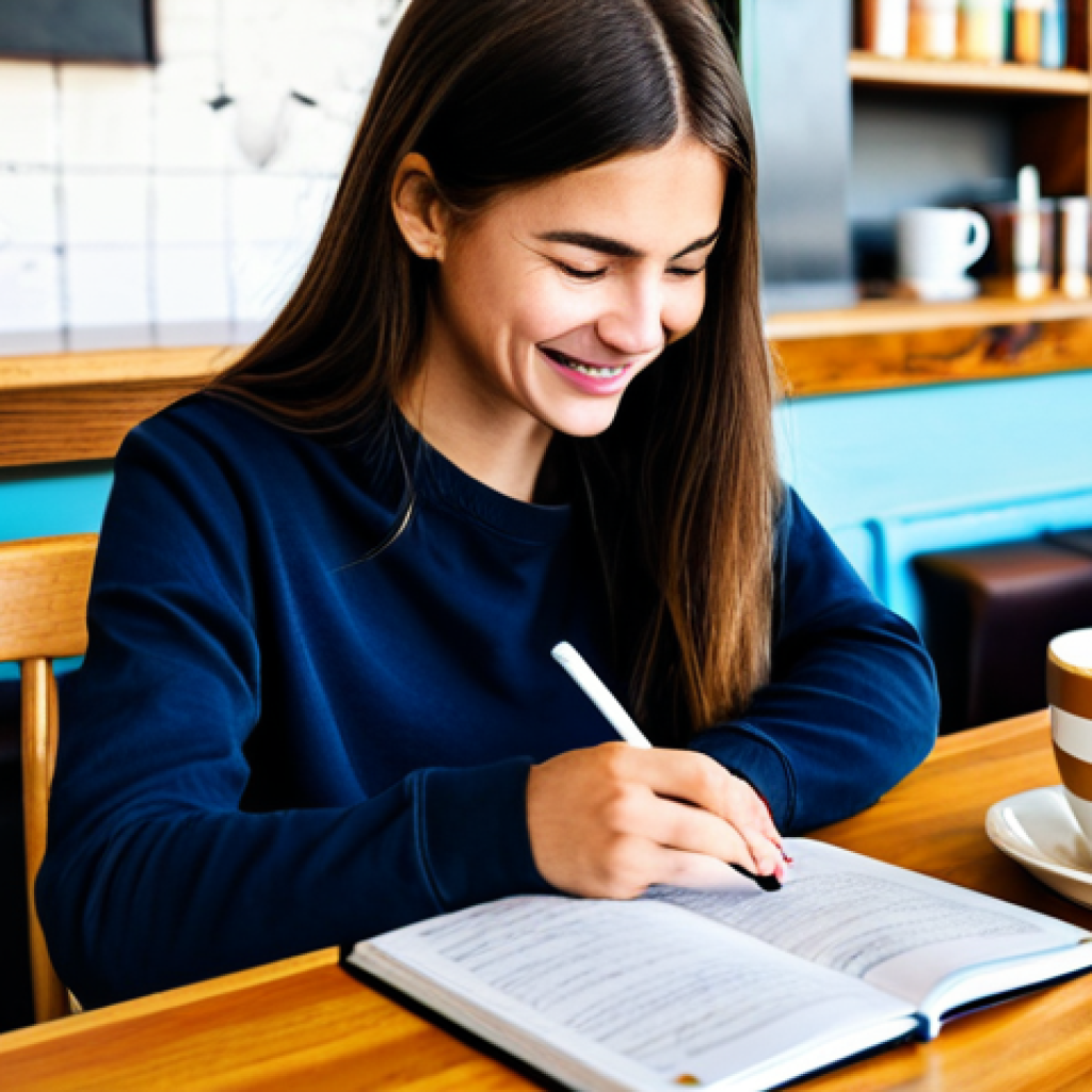 습관 스택킹 기법을 활용한 학습 방법론 - Learning a New Language**
"A woman at a cafe table, enjoying a coffee and studying a language learn...