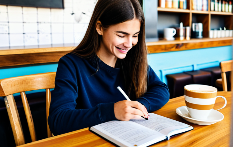 습관 스택킹 기법을 활용한 학습 방법론 - Learning a New Language**
"A woman at a cafe table, enjoying a coffee and studying a language learn...