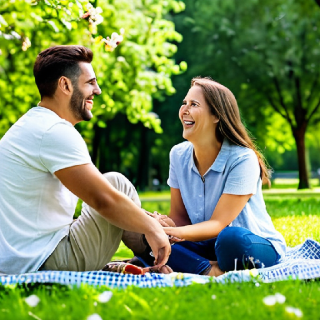 관계를 개선하기 위한 습관 스택킹 전략 - **A couple enjoying a picnic in a sun-drenched park, fully clothed in casual and comfortable attire....