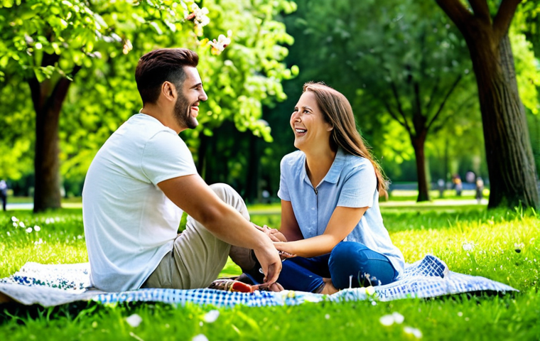 관계를 개선하기 위한 습관 스택킹 전략 - **A couple enjoying a picnic in a sun-drenched park, fully clothed in casual and comfortable attire....