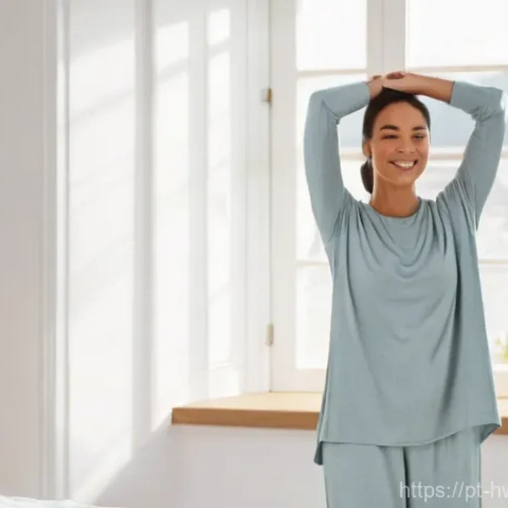 습관 스택킹과 신체 건강의 상관관계 - **Morning Refresh and Gentle Start**
A serene woman in her early 30s, with a gentle smile, stand...