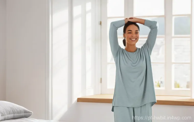 습관 스택킹과 신체 건강의 상관관계 - **Morning Refresh and Gentle Start**
A serene woman in her early 30s, with a gentle smile, stand...
