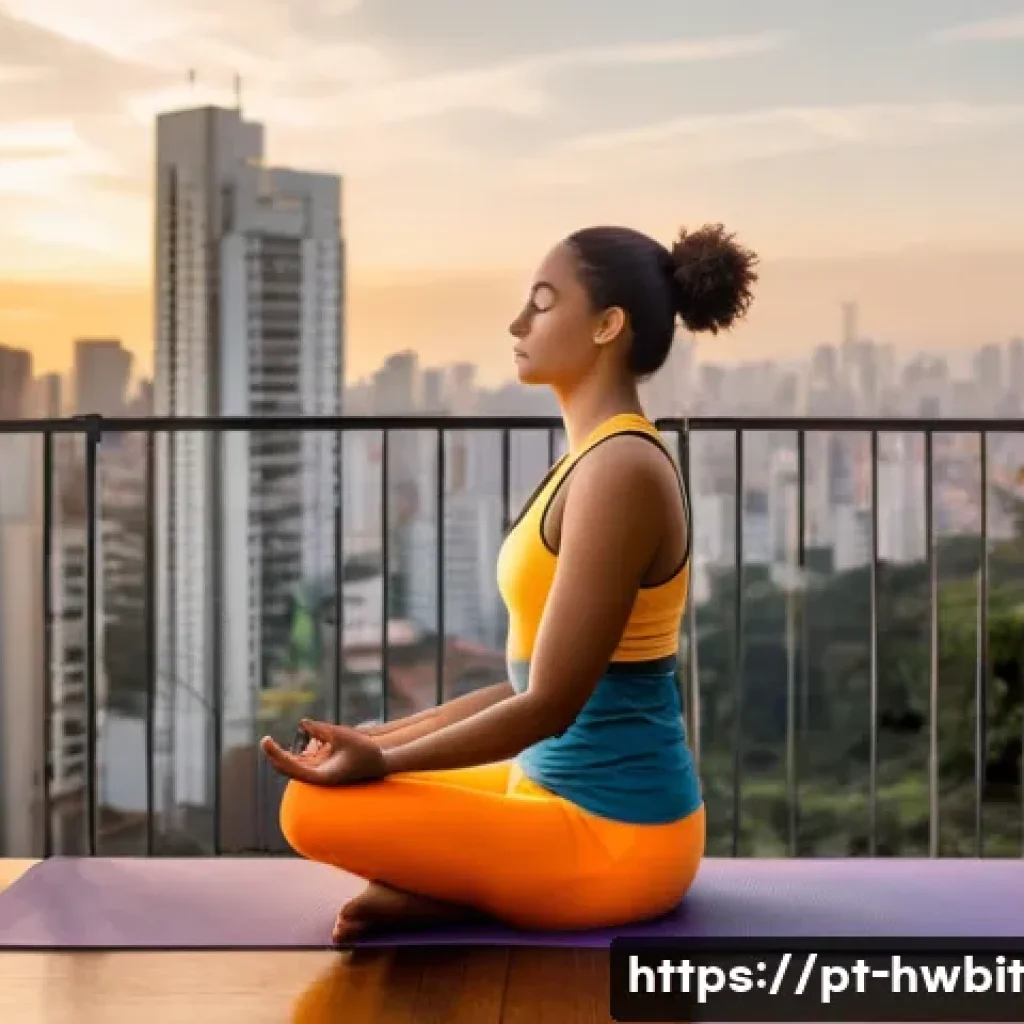 습관 스택킹을 활용한 자아 발견의 여정 - A serene morning scene featuring a young adult woman practicing meditation on a balcony overlooking ...