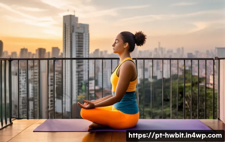 습관 스택킹을 활용한 자아 발견의 여정 - A serene morning scene featuring a young adult woman practicing meditation on a balcony overlooking ...