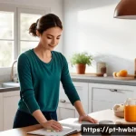 Home 22 습관 스택킹과 자기 인식의 관계 - A cozy morning kitchen scene featuring a young adult woman in casual, modest clothing performing a f...