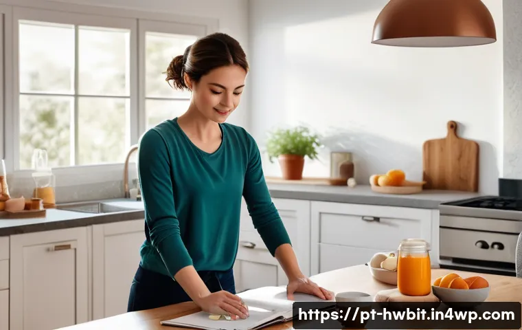 습관 스택킹과 자기 인식의 관계 - A cozy morning kitchen scene featuring a young adult woman in casual, modest clothing performing a f...
