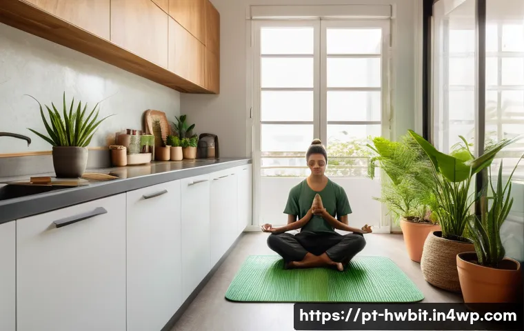 습관 스택킹 기법으로 시간 관리 개선하기 - A cozy, sunlit morning scene in a modern Brazilian apartment kitchen featuring a young adult meditat...