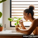 Home 19 습관 스택킹을 통한 생산성 측정 방법 - A cozy modern Brazilian home bathroom scene in the morning light, showing a young adult casually bru...