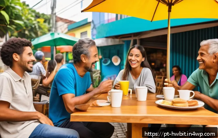 습관 스택킹의 사회적 영향력 분석 - A vibrant community breakfast scene in a Brazilian neighborhood, featuring diverse people of all age...