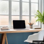 Home 23 효과적인 습관 스택킹을 위한 지원 시스템 구축하기 - A modern, well-organized home office bathed in natural daylight from large windows, featuring a clea...
