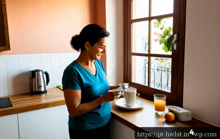 습관 스택킹과 감정 지능의 연결성 - Photorealistic morning scene in a bright Lisbon apartment kitchen, a Portuguese woman in her 40s cal...