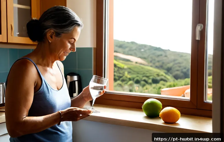 Home 30 습관 스택킹을 활용한 스트레스 해소 기술 - Photorealistic morning routine in a bright Portuguese apartment kitchen, a relaxed middle-aged woman...